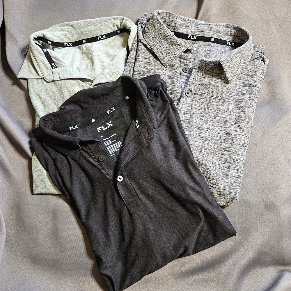 FLX Mens Travel Leisure Polo Shirt Bundle Lot 3 Pack Gray Black Stretch Size M